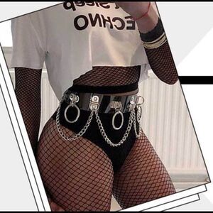 Black Silver Draped Chains O-Rings Statement Wide Belt NEW